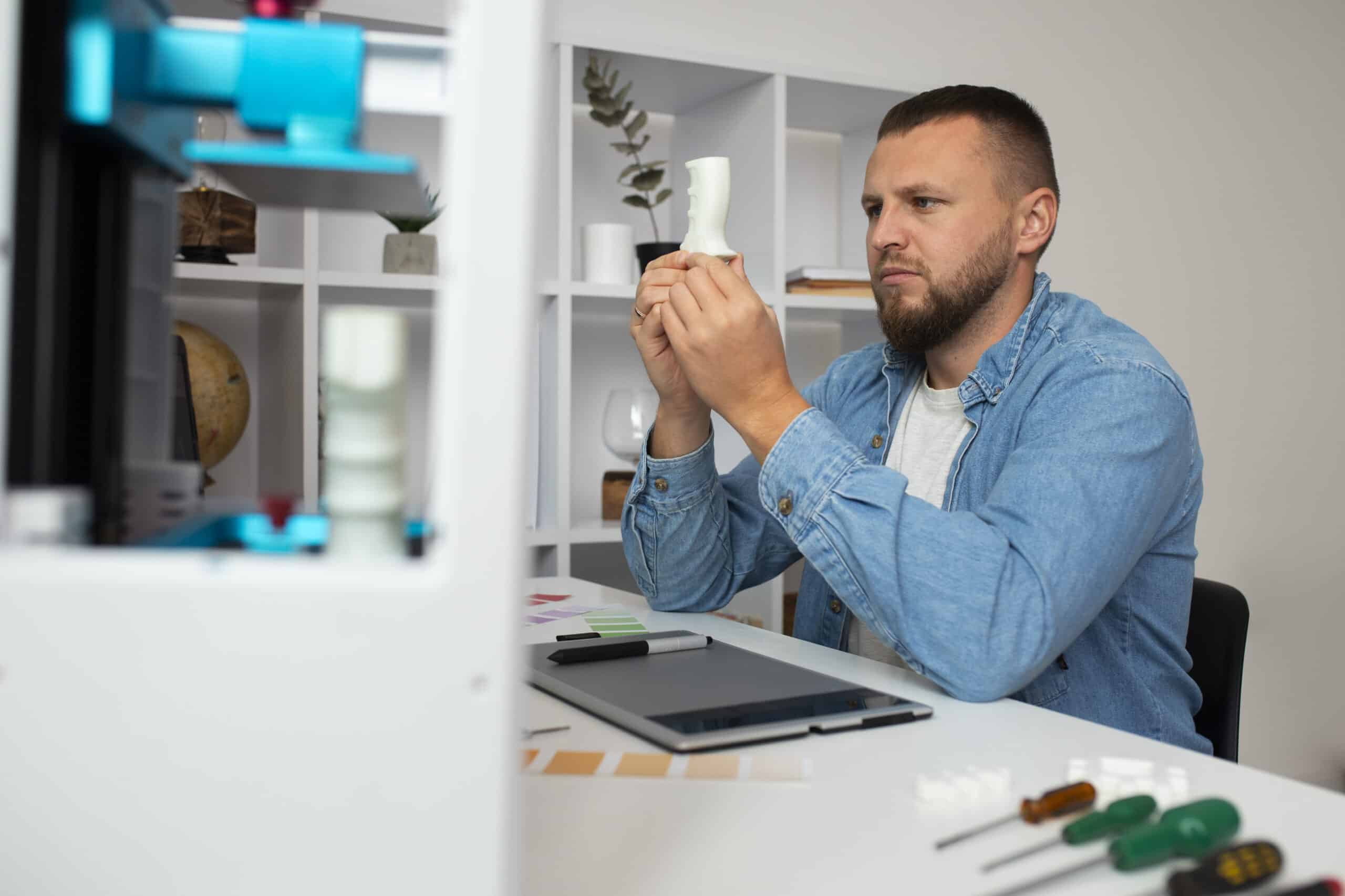 Person setting up a desktop 3D printer, part of the unboxing and first-setup process