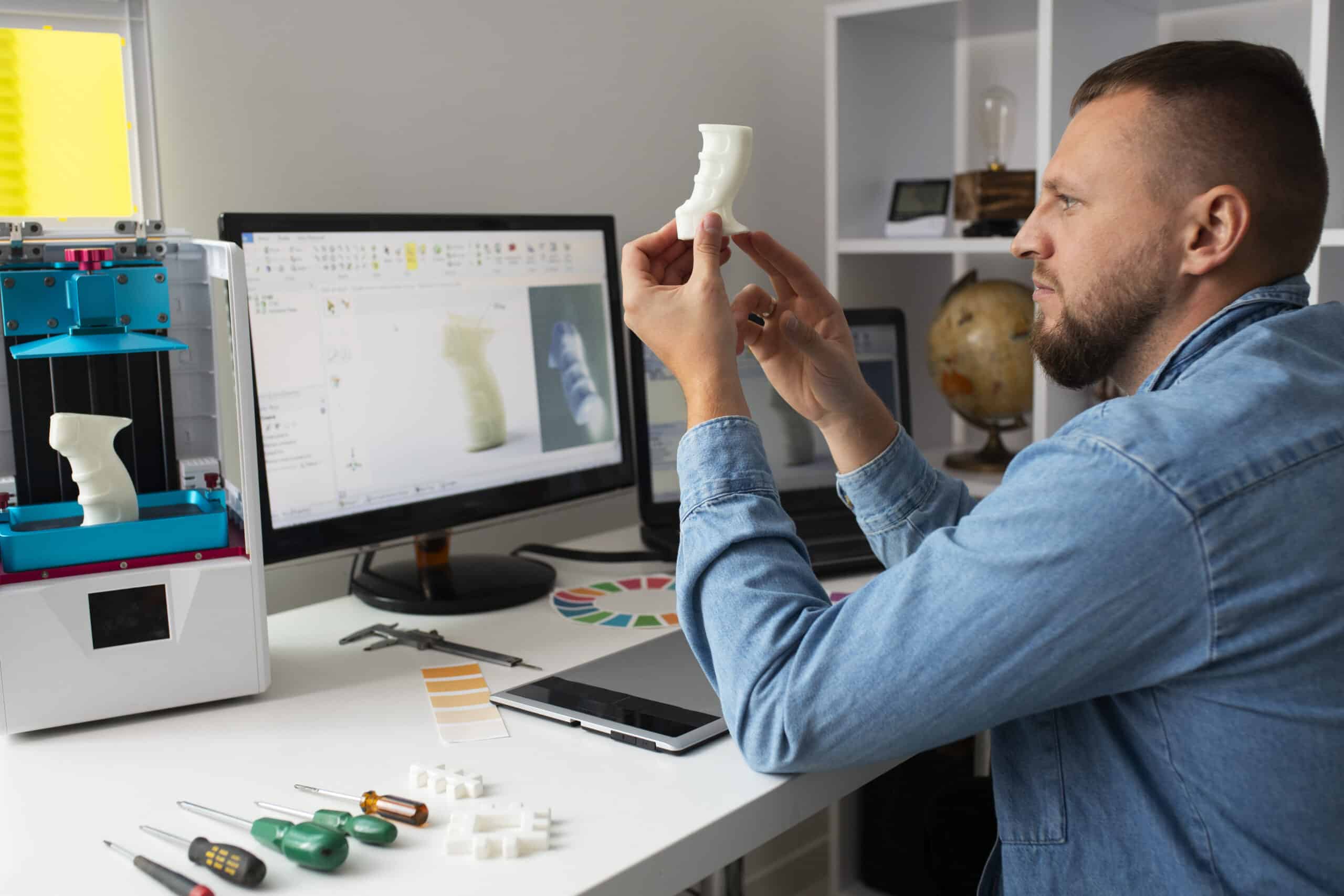 Person checking a desktop 3D printer's display during troubleshooting