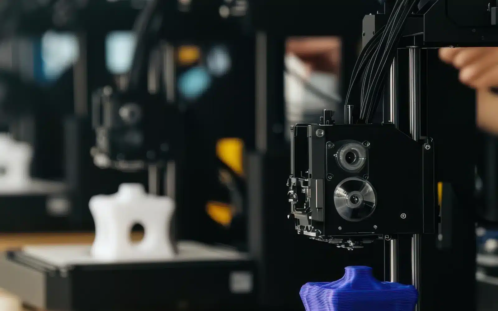 3D printing workspace with machines creating colorful objects