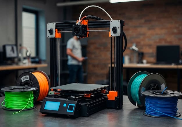 A 3D printer next to spools of filament used to feed it.