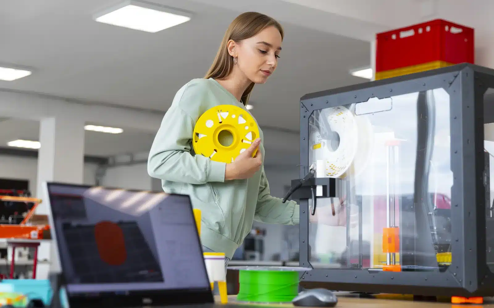 Designer adjusting a desktop 3D printer