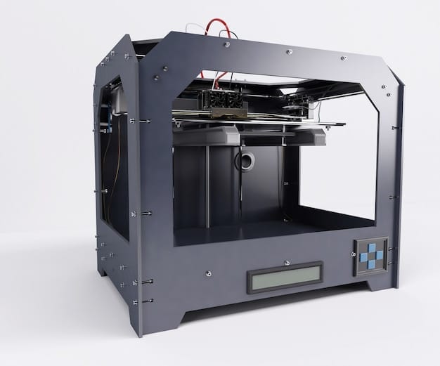 The front of a 3D printer, showing its print head and frame.
