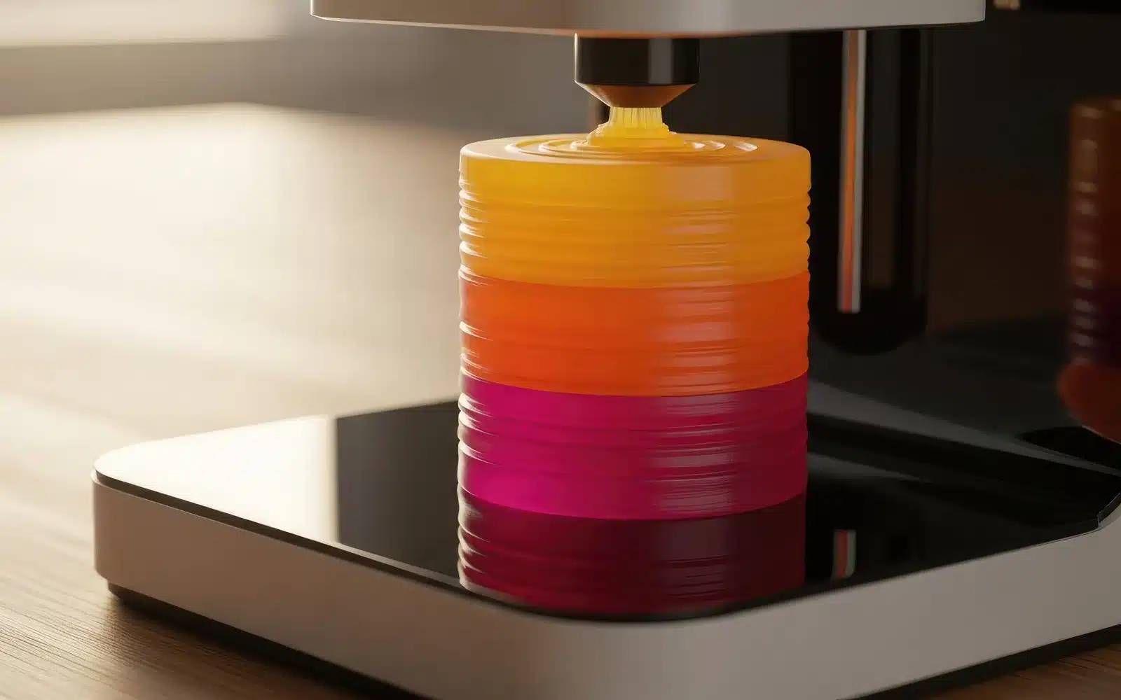 Vibrant plastic layers being printed by a desktop 3D printer
