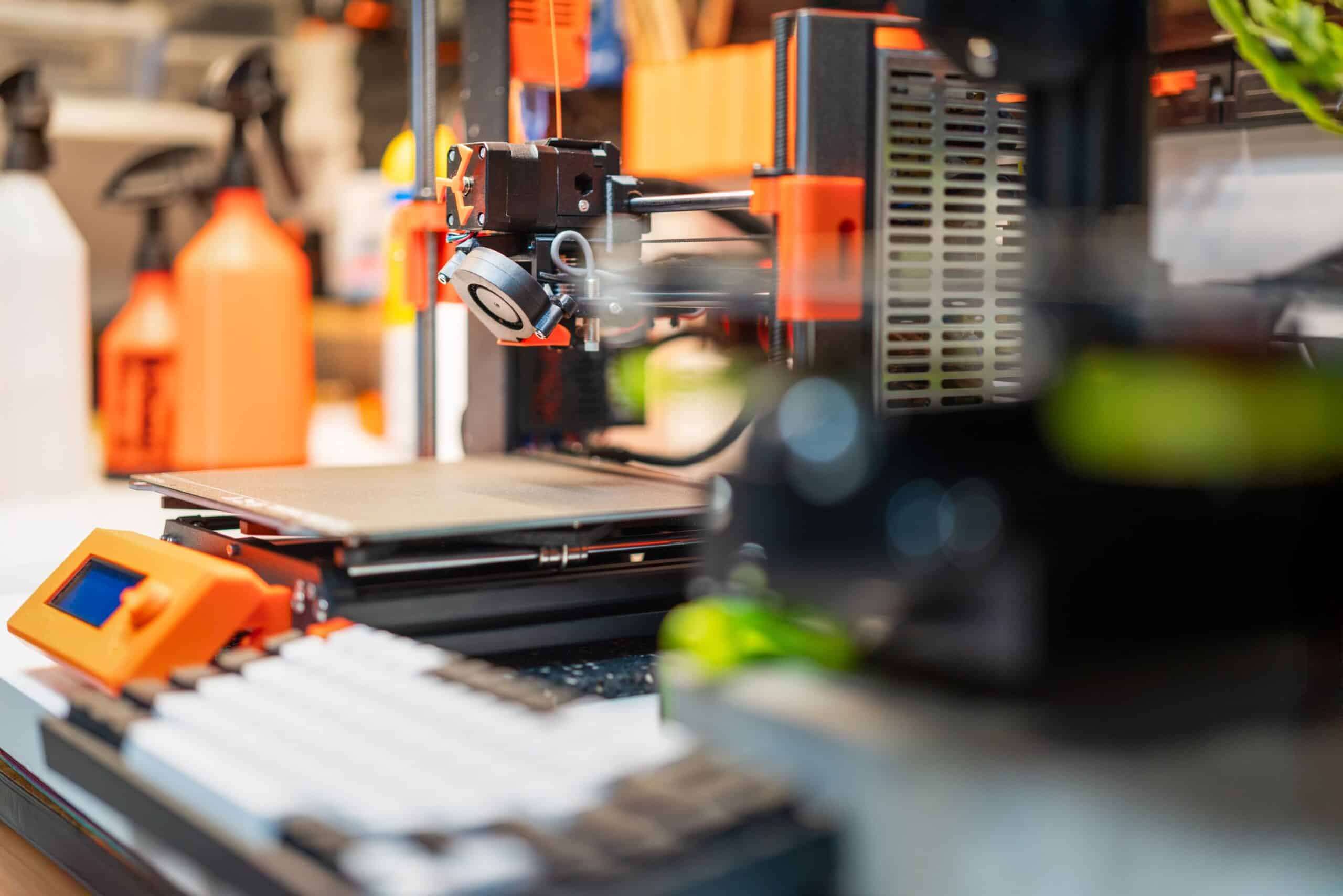 Detailed view of a 3D printer in a busy workshop, showcasing modern 3D printing technology and equipment