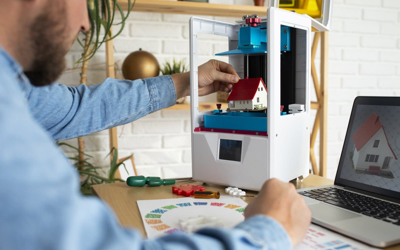 A person operating a desktop 3D printer in a workshop setting.
