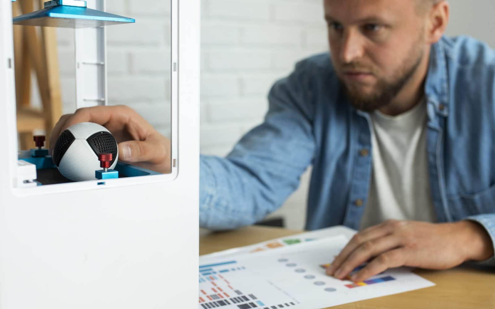 A person monitoring a desktop 3D printer during a print job.