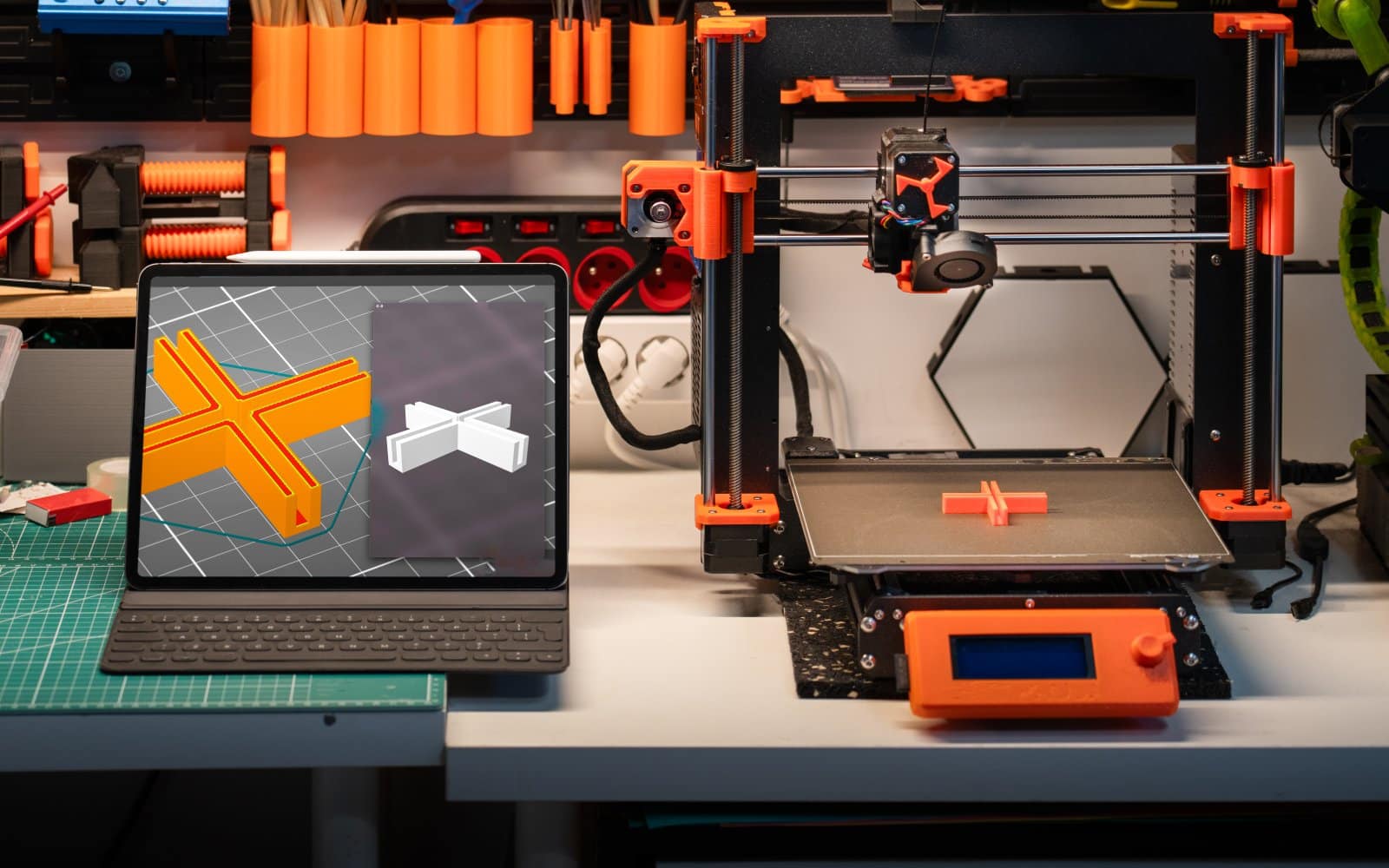 A computer screen displaying a 3D model loaded in slicer software next to a 3D printer.