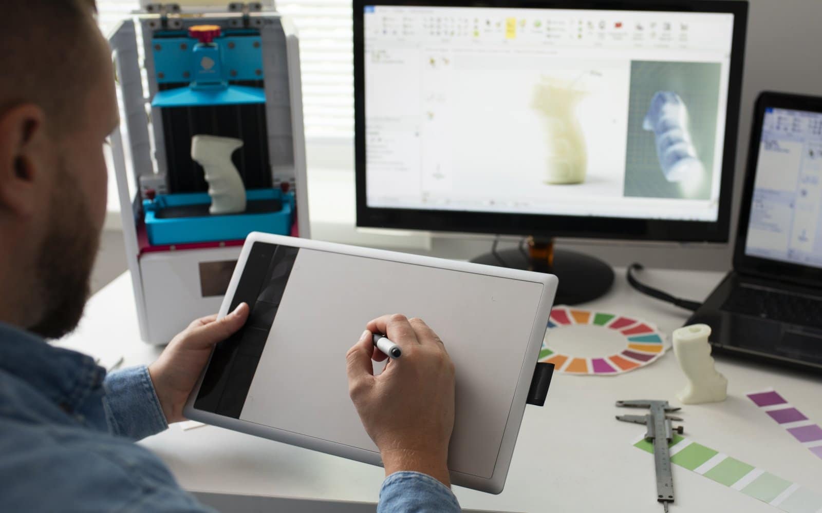 A person operating a desktop 3D printer, viewed from the front near its display panel.