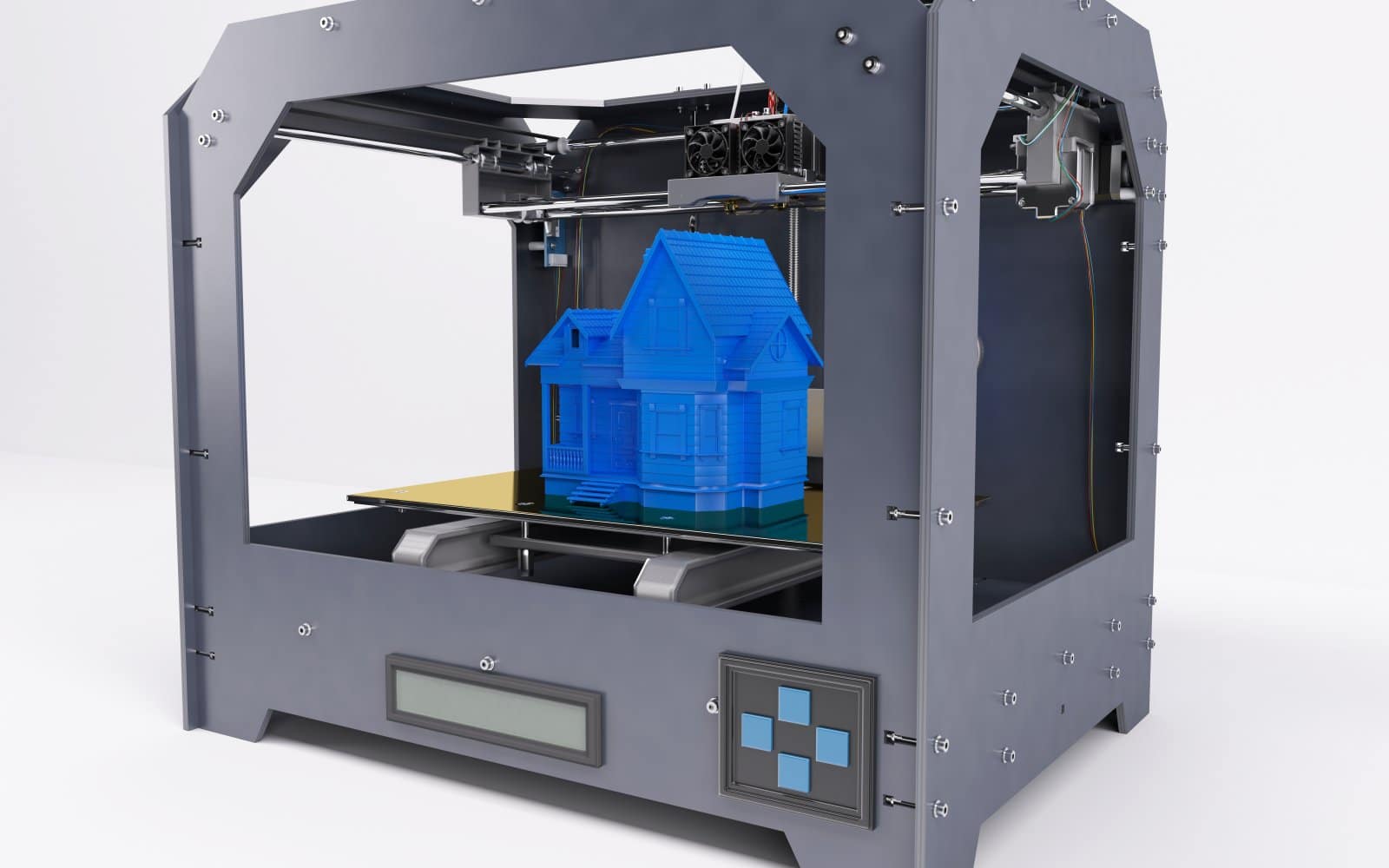 A 3D printer extruding blue plastic to print a small object.