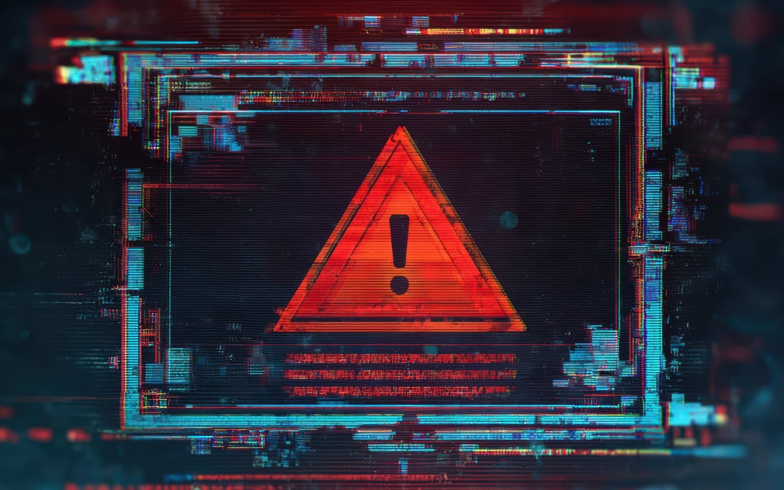 A digital warning error message displayed on a screen with a glitch effect.