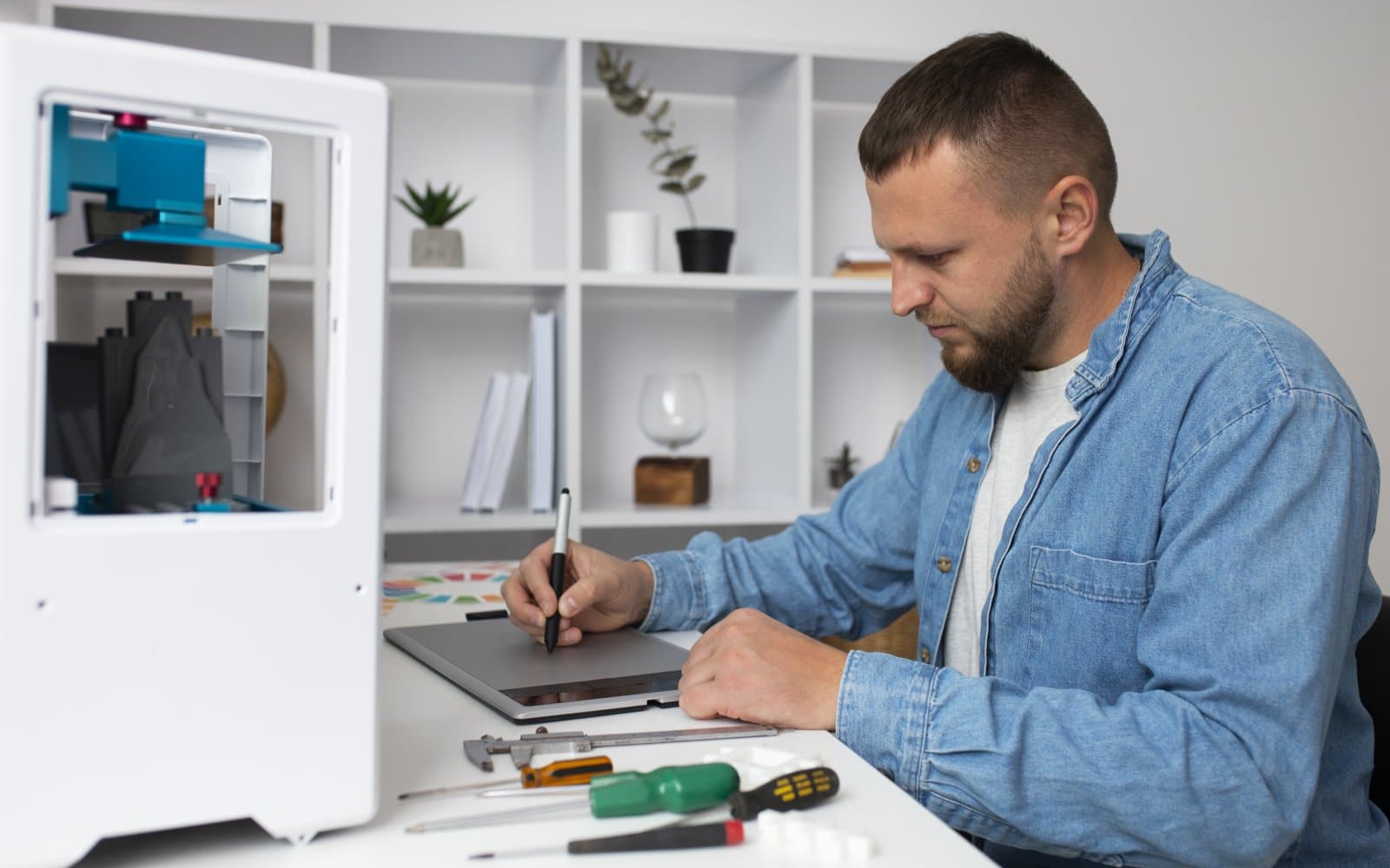 Hands performing routine maintenance and inspection on a desktop 3D printer.