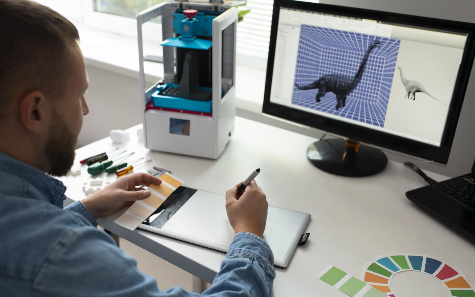 Person checking a 3D printer's status and display panel during operation.