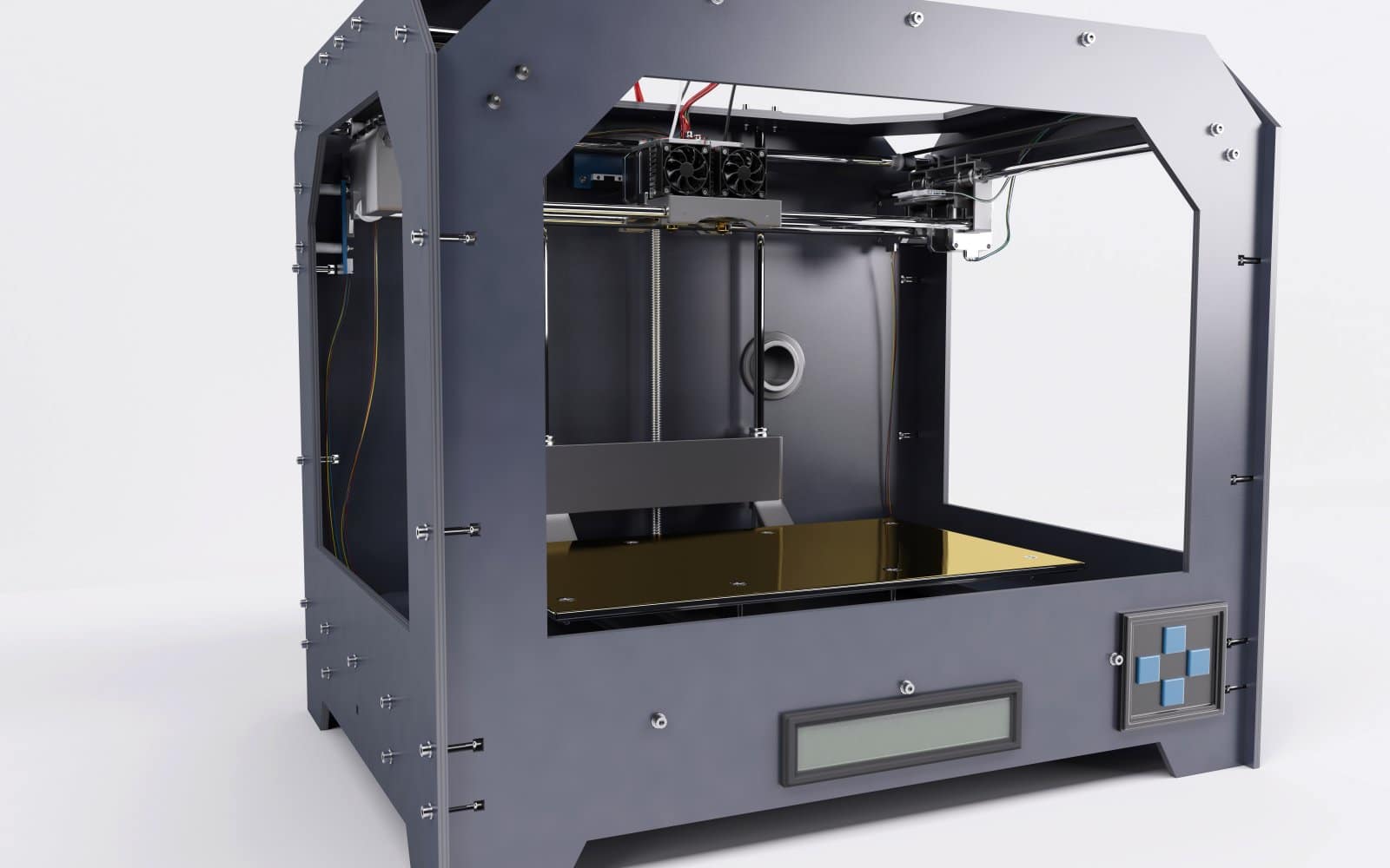 A 3D printer sitting idle and ready to begin a print job.