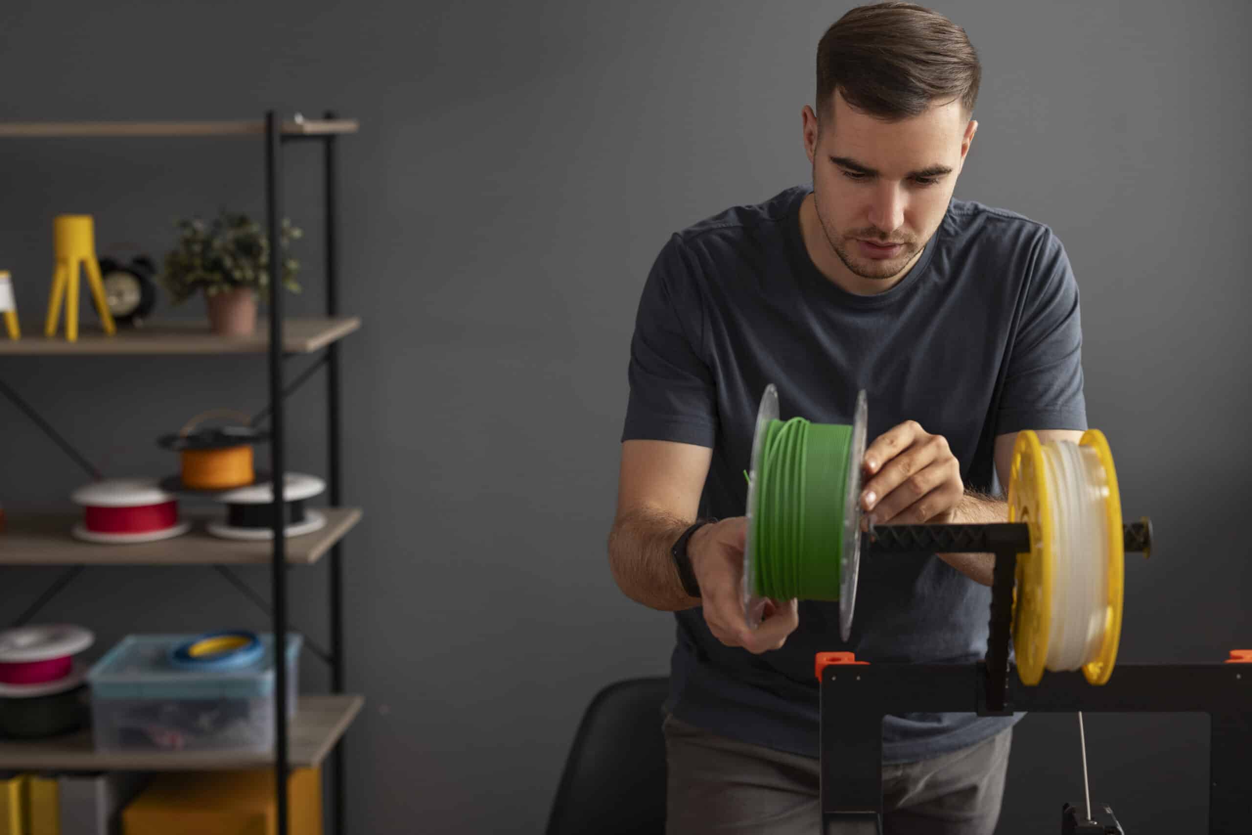 Designer loading filament into a 3D printer