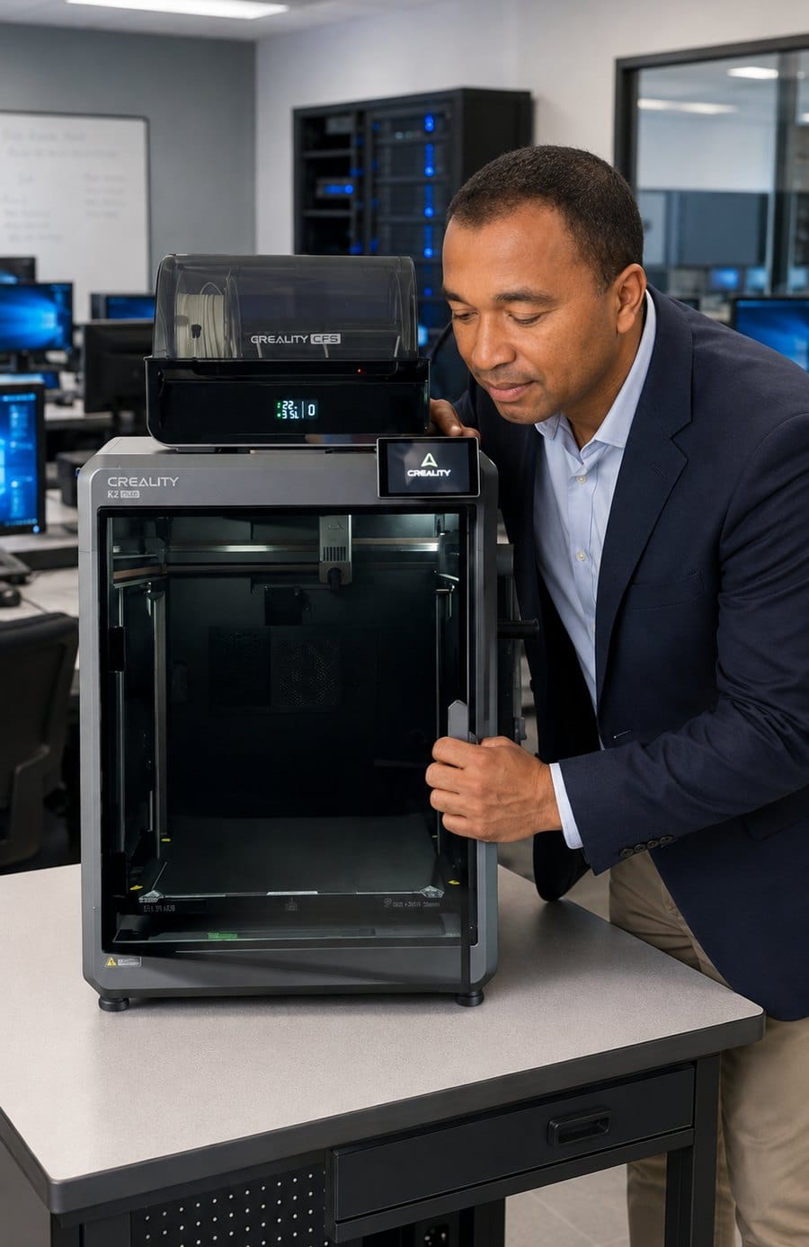 Chriss R., author of First Layer Guide, opening the build chamber door of his Creality K2 Plus Combo with the CFS filament system mounted on top