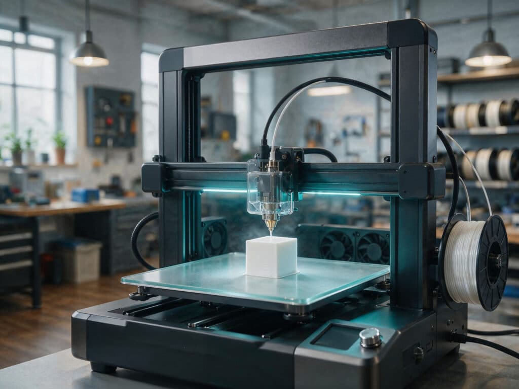 FDM 3D printer building a calibration cube layer by layer on a workshop bench