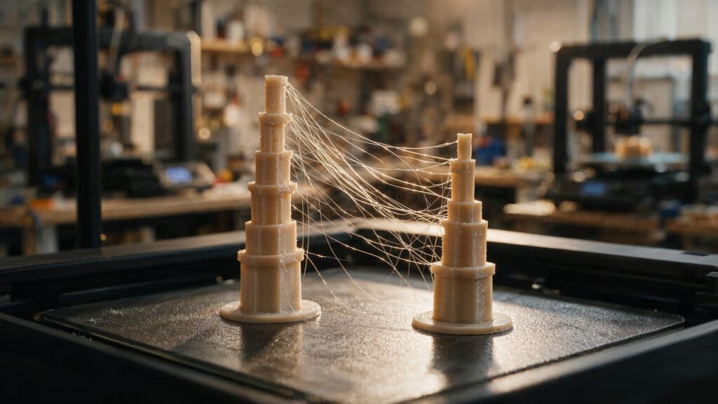 Hair-like plastic strands stretched between printed towers