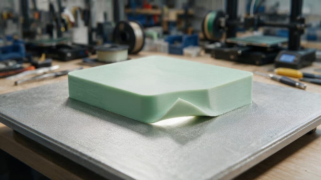 Printed part with corners lifted away from the build plate