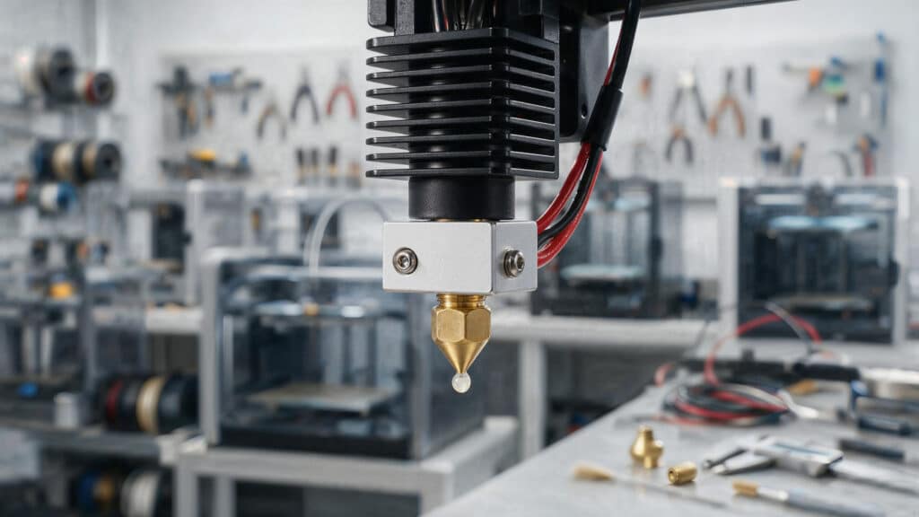 Close view of a hotend and nozzle with no filament leaving the tip
